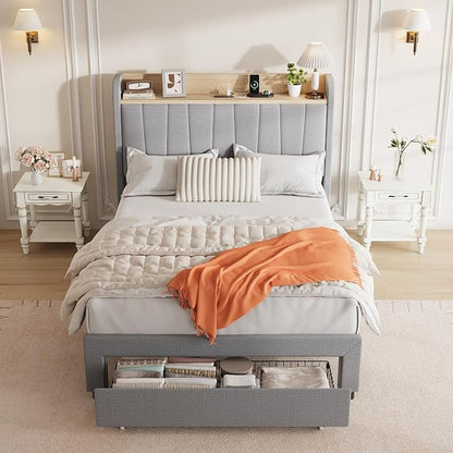 GarveeHome Twin Size Bed Frame with Storage Headboard and Charging Station, Upholstered Platform Bed Frame with Drawers, Heavy Duty, No Box Spring Needed, Easy Assembly, Grey