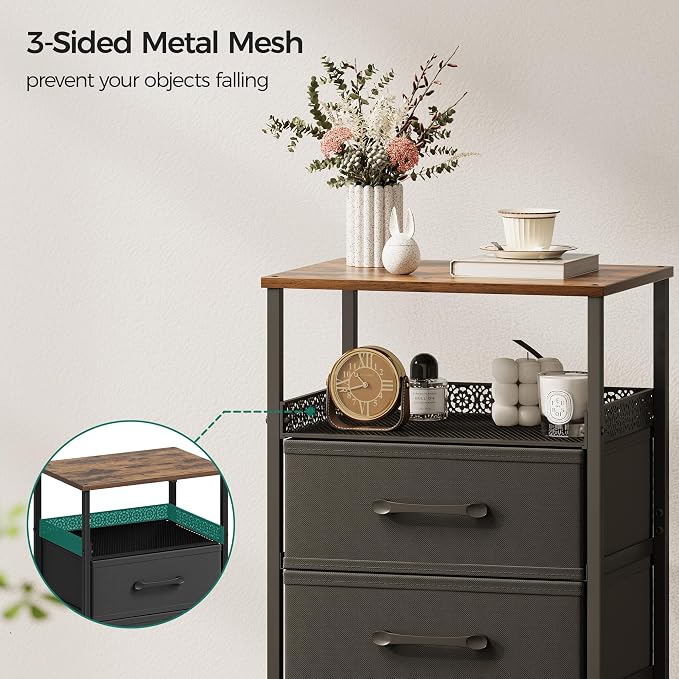 JARHETUN Nightstand Set of 2, Night Stands with 3 Fabirc Drawers, 26.4 Inch Tall Bedside Table with Metal Shelf, Modern Side End Table Storage Furniture, Small Dresser for Bedroom, Rustic Brown