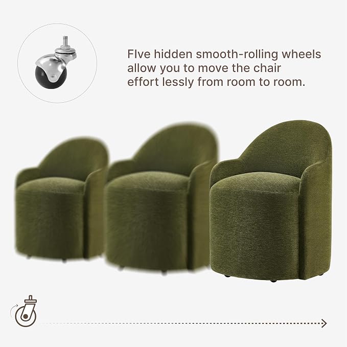 KISLOT Upholstered Dining Chairs with Casters, No Assembly Modern Dining Room Chairs Accent Vanity Chair with 5 Wheels & Round Backrest for Bedroom, Living Room, Dressing, Green Fabric, Set of 4