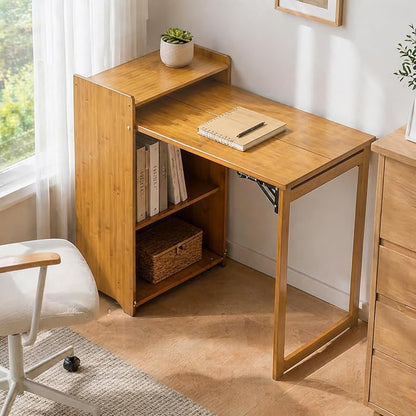 HDDFER Bamboo Folding Desk for Small Spaces,Hidden Desk with Storage Shelf, Foldable Computer Desk for Bedroom Home Office, Mid Century Modern Fold Out Table Writing Table, Brown