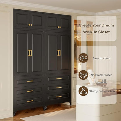 Metal Wardrobe Cabinets with 3 Drawers,Black Armoire Wardrobe Closet with Hanging Rod,Clothes Storage Cabinet with Adjustable Shelves and Doors,Clothing Cabinet for Bedroom,Laundry Room