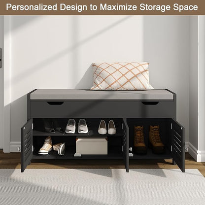 ChooChoo 41.3" Shoe Storage Bench with Lift Top Storage, Entryway Bench with Cushioned Seat, Adjustable Shelf, Shoe Cabinet with Hidden Space, for Entryway, Bedroom, Living Room, Black
