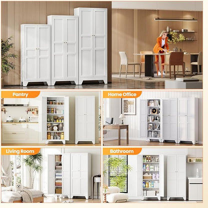 71" Tall Kitchen Cabinet Storage Unit With 2 Doors and 4 Adjustable Shelve, Metal White Freestanding Cupboard, 5 Tier Kitchen Pantry Storage Cabinet for Kitchen Dining/Living Room/Garage/Home/Office
