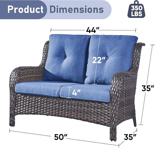 Outdoor Loveseat Sofa-2 Seater Rattan Wicker Patio Couch High Back Patio Sofa for Porch Deck Backyard-Brown/Blue