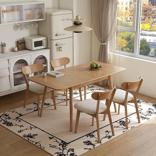47’’-63’’ 100% Oak Extendable Dining Table and Chairs Set for 4, Solid Wood Folding Kitchen Table, Mid Century Modern Dinner Table for Kitchen, Living Room, Natural (47''-63''+4 Cushion Chairs-YB)