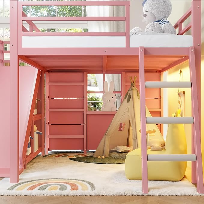 Bellemave Twin Size Loft Bed with 7 Non-Woven Fabric Drawers, Shelves and Wardrobe, Twin Loft Bed with Detachable Slide and Ladders, Low Profile Loft Beds with Lights, Noise Reduced Design Pink