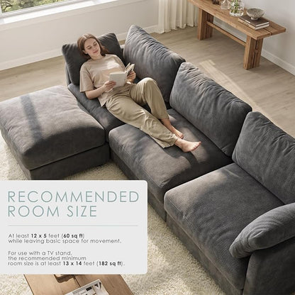 114" Cloud Couch Sectional Couches for Living Room Dark Grey | 10" High-Resilience Cloud Cushion, 36" Movable Ottoman, Plus-Size Friendly Couch, 28" Extra Deep Seat Sofa