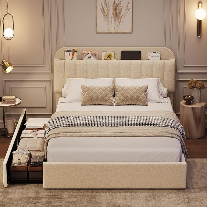 GarveeHome Full Bed Frame with Storage Headboard, Kids Bed Frame with 2 Drawers, Boucle Upholstered Platform Bed with Bookcase, No Box Spring Needed, Easy Assembly, Beige White