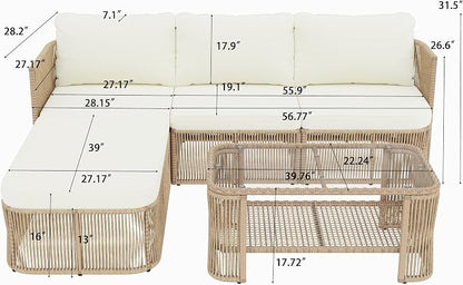 VilroCaz Outdoor PE Rattan Patio Furniture Sectional Sofa Set with Iron Frame, All-Weather Beige Wicker Conversation Set with Thick Cushions and Coffee Table for Garden Backyard Balcony
