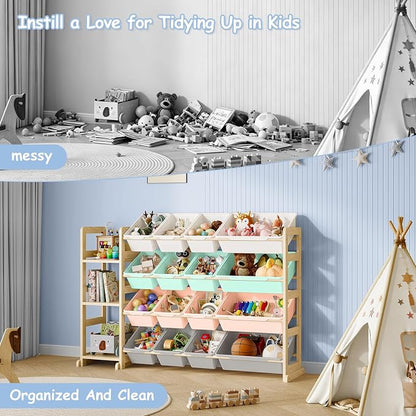 EXPERLAM Toy Storage Organizer, Toy Storage Shelf with 3 Shelves and 16 Storage Bins (12 Small + 4 Large), 3-in-1 Kids Bookshelf for Kids Rooms, Playroom, Nursery, Multi