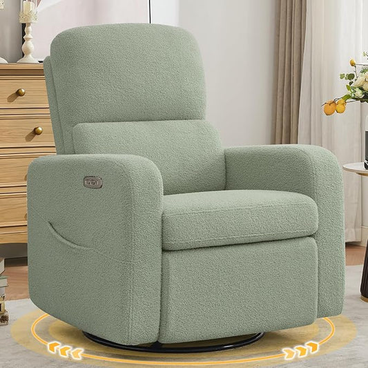 Power Swivel Rocker Recliner, Oversized Electric Boucle Recliner Chair, Teddy Swivel Glider Nursery Reclienr with Removable Cushion, Upholstered Recling Chair for Living Room Bedroom, Green
