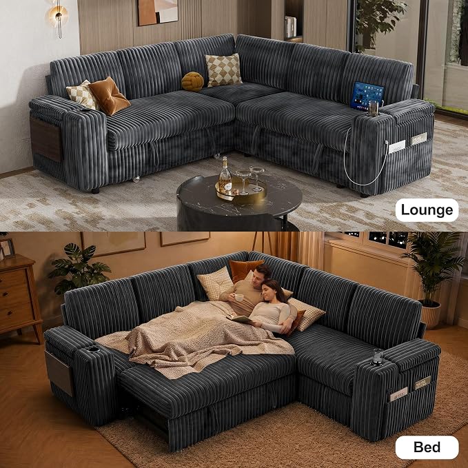 Vipbear 86" Modular Sectional Sleeper Sofa with Pull Out Bed, 5 Seat Plush Corduroy L Shaped Couch with Storage Seat|USB Ports|Cup Holders|Side Table|Storage Armrests, Tool Free Assembly, Grey