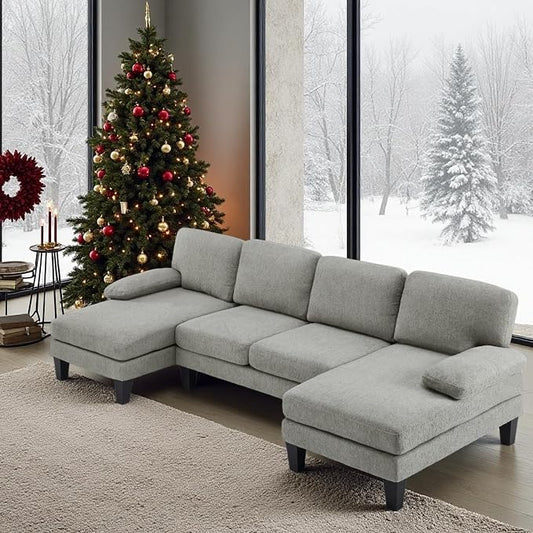 VINGLI 110' U-Shaped Sectional Couch with Two Chaise, Affordable Small Sofa with 4 Seats, Chenille Fabric Comfy Couches for Living Room, Blue