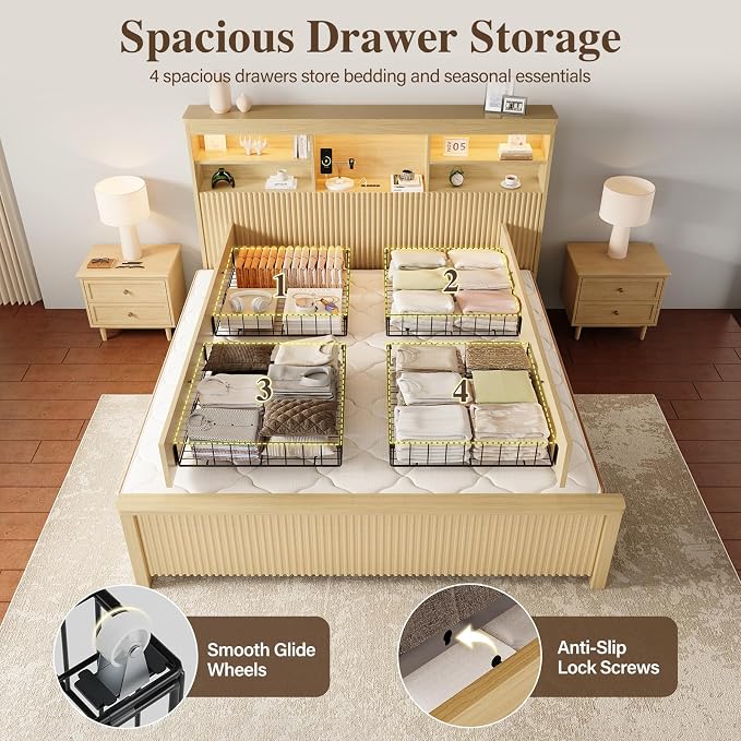 Queen Size Bed Frame and Tall Headboard & Storage, Metal Platform Bed Frame with 4 Storage Drawers, Queen Bed Frame with LED Lights & Charging Ports, No Box Spring Needed, Noise-Free, Natural