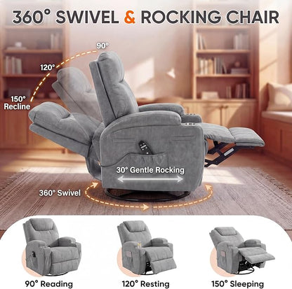 JUMMICO Small Swivel Rocker Recliner, 360 Rocking Chair Recliner with Massage, Upholstered Fabric Rocker Recliner with Cup Holder for Living Room, Bedroom, Nursery (Gray)