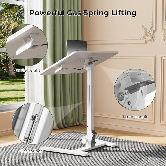 Gibbon Mounts Foldable Standing Desk，Small Mobile Sit-Stand Desk with 90 Tiltable Top，Rolling Rising Laptop Workstation Adjustable Height，Portable Table on Hidden Wheels/4 Lockable Casters，White