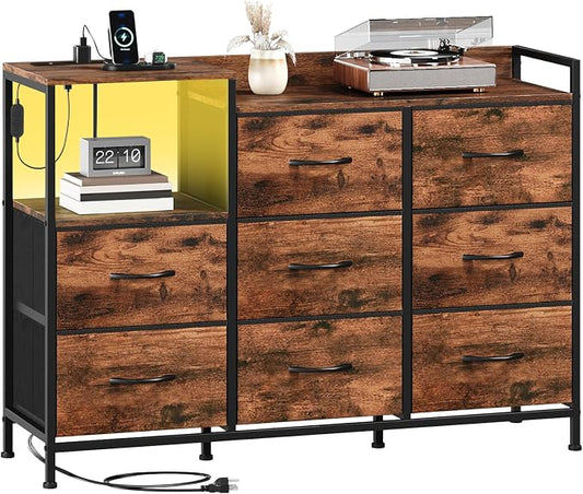 Somdot Dresser with Charging Station and Open Shelves,Dresser for Bedroom with 8 Drawers,Storage Cabinets Organization Units for Living Room,Hallway, Sturdy Metal Frame,Wood Top,Wood Grain Print