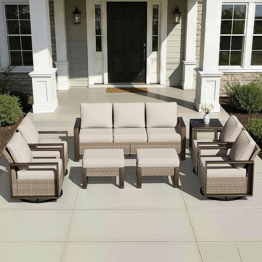 Outdoor Patio Swivel Rocker Chairs, 8 Pieces Wicker Furniture Set, 4 Swivel Rocking Chairs, 1 Sofa, 2 Ottoman and 1 Table, Wide Armrest, Thick Cushions and Deep Seating for Garden, Backyard, Porch