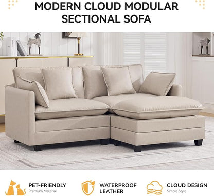 76'' Cloud Deep Seat Loveseat Sofa, Upholstered Leather Modular 2-Seats Sectional Sofa Couch with Movable Ottoman, Modern Comfy Settee Loveseat for Living Room Set, Small Apartment, Leather Beige