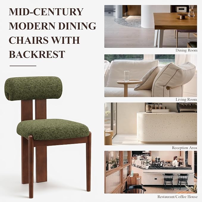 MALOL Modern Wooden Dining Chairs Set of 4, Upholstered Fabric Kitchen Chairs with Sculptural Backrest, Mid-Century Farmhouse Dining Room Chairs with Solid Wood Legs, Green
