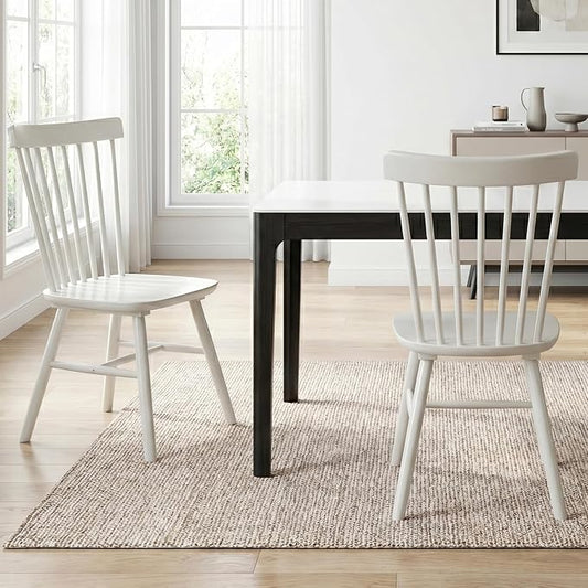AreShark Windsor Dining Chairs, Farmhouse Wooden Dining Room Chairs, Solid Wood Kitchen Chairs with Spindle Back Set of 2, White