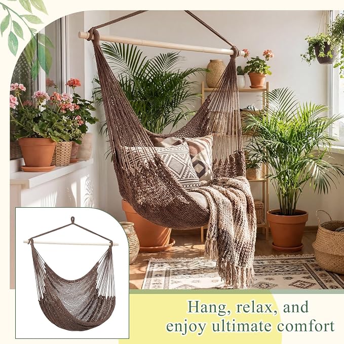 Barydat 2 Pcs Hanging Hammock Chair Boho Swing Chair Outdoor Indoor Comfy Soft Cotton Rope Weaving with 40 Inch Detachable Metal Bars for Backyard Living Room Garden, 270lb Capacity (Dark Brown)