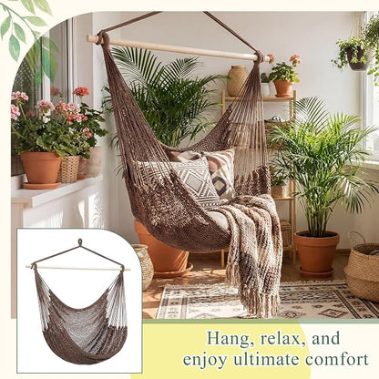 Barydat 2 Pcs Hanging Hammock Chair Boho Swing Chair Outdoor Indoor Comfy Soft Cotton Rope Weaving with 40 Inch Detachable Metal Bars for Backyard Living Room Garden, 270lb Capacity (Dark Brown)