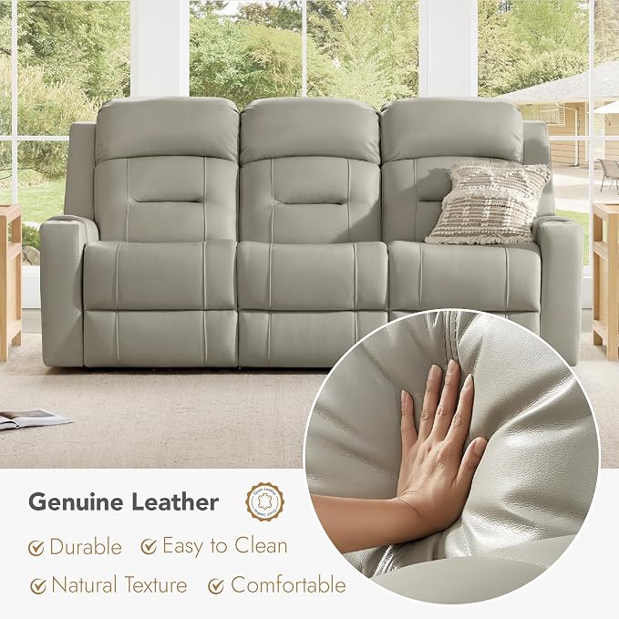 Watson & Whitely Genuine Leather Power Loveseat and Recliner Sofa Set, Lay Flat Reclining Couch with Console, Power Headrest, USB & Wireless Charging, Cup Holders for Living Room, Grey
