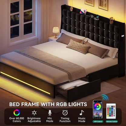 YITAHOME King Size Bed Frame with 4 Drawers and RGB LED Lights, Velvet Upholstered Platform Bed with Charging Station and Storage Headboard, No Box Spring Needed, Easy Assembly, Noise-Free, Black