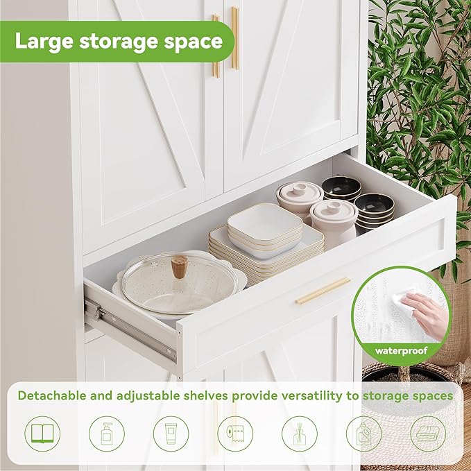 Baborokic 71" Tall Metal Storage Cabinet with Adjustable Shelves,Farmhouse Kitchen Pantry Cabinet with 2 Barn Doors and Drawer,Large Storage Cabinets for Dining Room,Office,Kitchen(White)