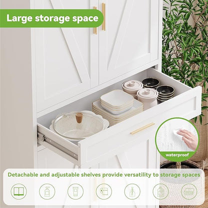 Baborokic 71" Tall Metal Storage Cabinet with Adjustable Shelves,Farmhouse Kitchen Pantry Cabinet with 2 Barn Doors and Drawer,Large Storage Cabinets for Dining Room,Office,Kitchen(White)