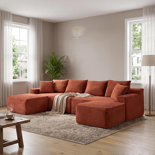 115" U-Shaped Cloud Sectional Couch, Modular Compressed Boneless Sectional Sofa W/Reversible Ottoman Chaise Lounge, Plush Corduroy Boneless Symmetrical Sofa for Living Room