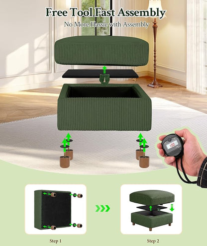 Welzona 25.2" Couches for Living Room, Comfy Green Ottoman with Storage, Foot Rest Tool-Free Setup, Small Ottoman Foot Rest for Couch, Corduroy Couch for Bedroom, Apartment, Office