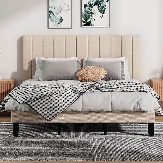 King Size Bed Frame with Headboard, Platform Bed with Soft Linen Upholstered Headboard | Wooden Slats Support | Adjustable Height | No Box Spring Needed, King Bed Frame Beige