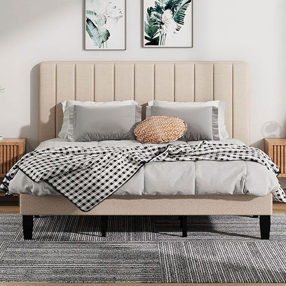King Size Bed Frame with Headboard, Platform Bed with Soft Linen Upholstered Headboard | Wooden Slats Support | Adjustable Height | No Box Spring Needed, King Bed Frame Beige