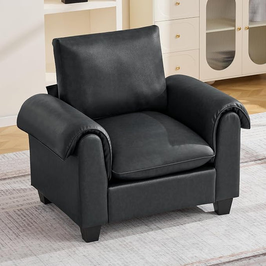 44.5" Faux Leather Single Sofa Sofa, Oversized Accent Chair with Curved Armrests, Cloud Modern Sofa Upholstered Deep Seat Reading Chair Armchair for Living Room, Bedroom，Black