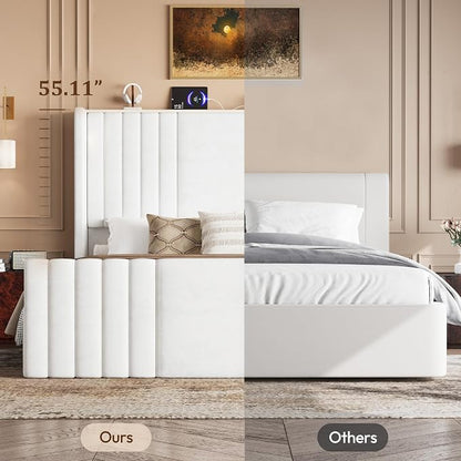 Queen Bed Frame with 55.1" Tall Headboard, Velvet Upholstered Platform Bed with Channel Tufted Wingback, 2 Reading Lights/Storage Shelf/Charging Station/Easy Assembly/Noise-Free, Cream