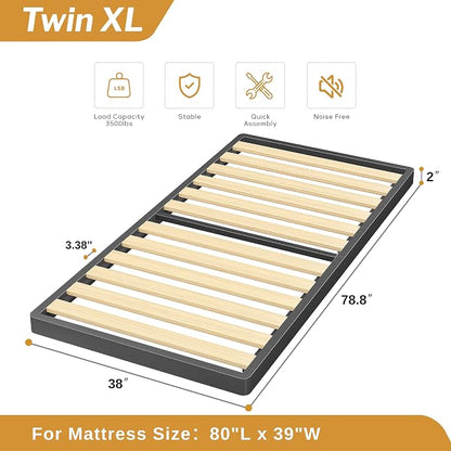 MAF 2 Inch Twin XL Box Spring, Low Profile Metal BoxSpring with Round Corners, Bunkie Board with Wood Slats Bed Slat Replacement 3500 lbs Black Heavy Duty Metal Mattress Foundation, Easy Assembly