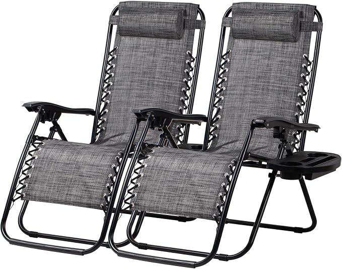 Nazhura Set of 2 Relaxing Recliners Patio Chairs Adjustable Steel Mesh Zero Gravity Lounge Chair Beach Chairs with Pillow and Cup Holder(Grey)