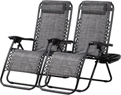 Nazhura Set of 2 Relaxing Recliners Patio Chairs Adjustable Steel Mesh Zero Gravity Lounge Chair Beach Chairs with Pillow and Cup Holder(Grey)