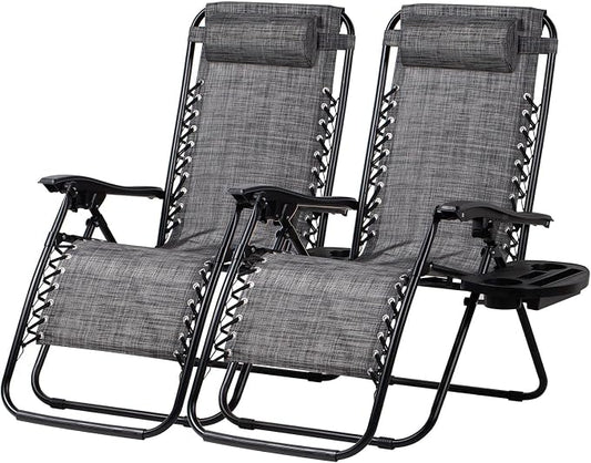 Nazhura Set of 2 Relaxing Recliners Patio Chairs Adjustable Steel Mesh Zero Gravity Lounge Chair Beach Chairs with Pillow and Cup Holder(Grey)