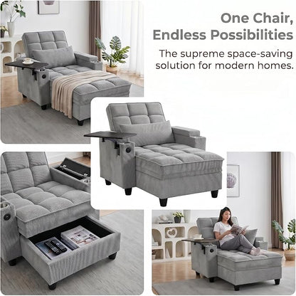 Convertible Sleeper Chair, Pull Out Sofa Bed with Adjustable Backrest & Hidden Storage Armrest, Single Sofa Recliner with USB Charging Port & Cup Holders for Living Room, Bedroom, Gray
