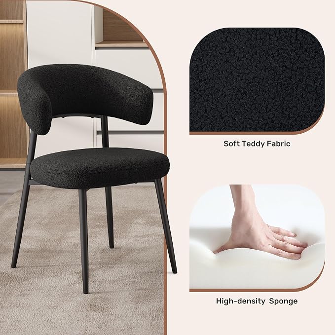 Dining Chairs Set of 6, Mid Century Modern Kitchen Chairs, Boucle Upholstered Dining Chair with Curved Backrest & Metal Legs for Kitchen Dining Room, Black