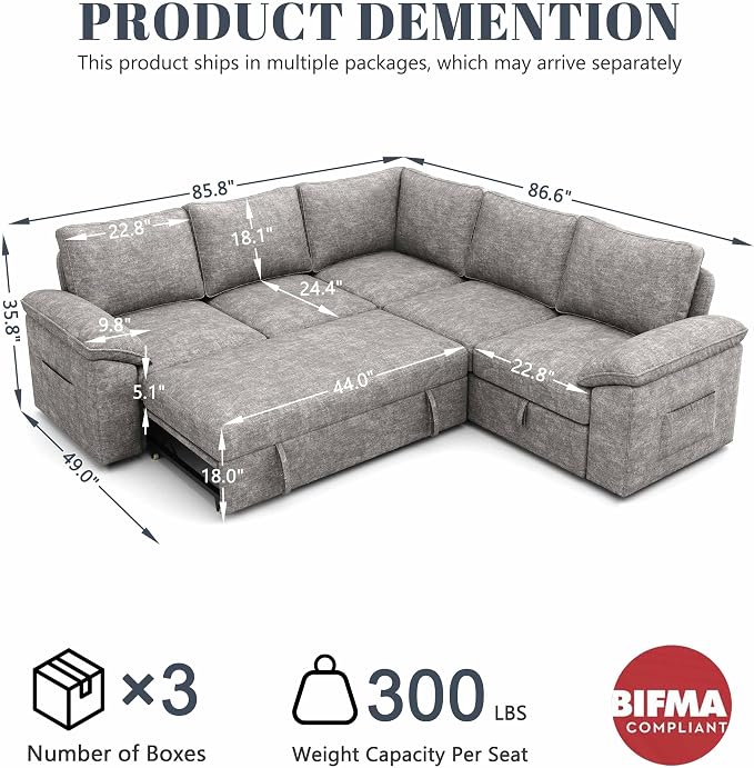 85 Inch Modular Sectional Sofa with Pull Out Bed, L Shaped 5 Seat Sectional Sleeper Sofa with Storage, Sectional Couches for Living Room, Cloud Modular Couch,Removable Sofa Cover,Light Grey