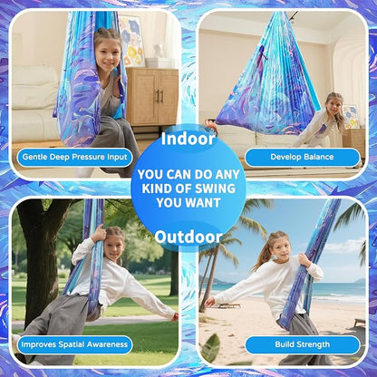 Sensory Swing for Kids Indoor & Outdoor Double Layer Therapy Cuddle Hammock Chair with 360 Swivel Hanger Kit Adjustable Swing for Child and Adult with Aspergers Autism ADHD (Cerulean)