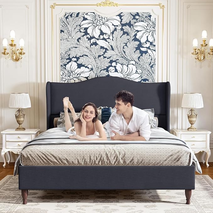 koorlian Queen Upholstered Bed Frame with 51'' Tall Headboard, Dark Navy | Reinforced Platform Bed, Easy Assembly, Soft Fabric, Sleigh Wingback, Solid Wood Retro Legs, Noise-Free, Classic & Simple
