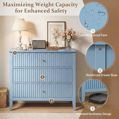RoyalCraft 32" Large Nightstand, Fluted Painted Bedside Table with 3 Spacious Drawers, Modern Tall End Table for Bedroom, Light Blue