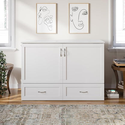 AFI Hamilton Full Murphy Bed Chest with Mattress, Storage, and Built-in Charger in White