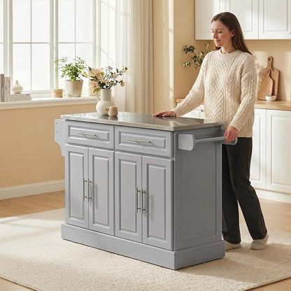 HOMCOM Rolling Kitchen Island Cart with 47" Stainless Steel Top, Portable Island Table for Kitchen with Wheels, Adjustable Shelves, 2 Drawers, Spice, Knife and Towel Rack, Gray