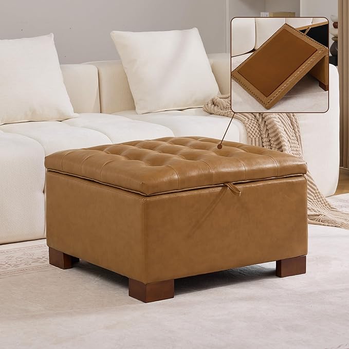 WUTUTUEE 30" Faux Leather Square Storage Ottoman with Wooden Tray, Modern Tufted Button Footstool Coffee Table, Upholstered Large Ottoman for Living Room, Bedroom, Brown